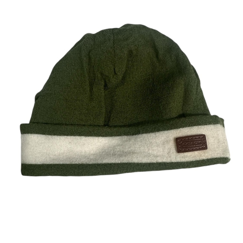 Coach 100% Merino Wool Cream and Green Beanie Y2K Vintage